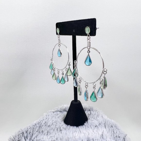 NWOT - Blue & Green Teardrop Beaded Silver Tone Chandelier Style Post Earrings - Picture 3 of 5